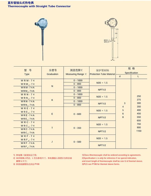 直形管接头式热电偶