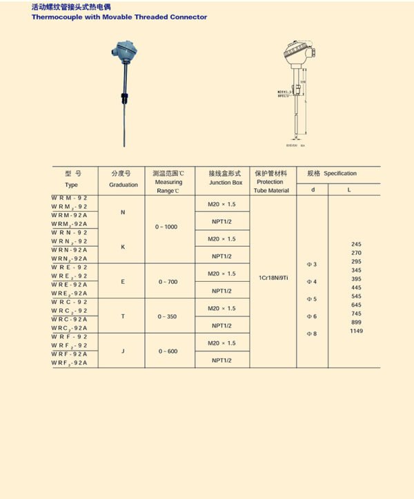 活动螺纹管接头式热电偶