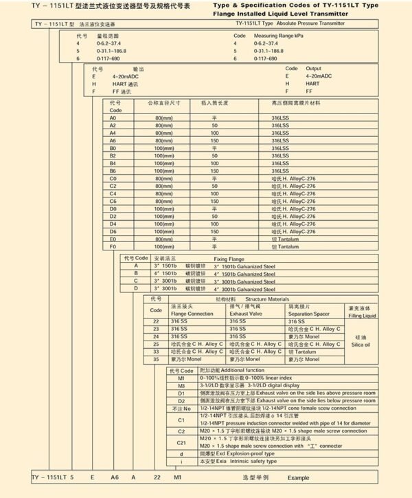 TY-1151LT型法兰式液位变送器
