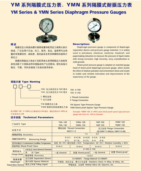 YM系列隔膜式压力表